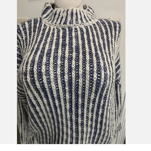 WOMEN'S ANTHROPOLOGIE POL BLUE STRIPED WOOL BLEND MOCK NECK SWEATER SMALL NWT - Picture 4 of 12